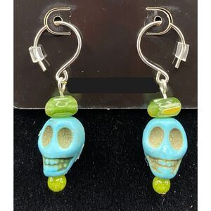 Handmade Blue Skull with Millefiori & Green Glass Bead Earrings by Neanie-Bot